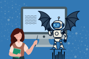 A women teaching a fictitious AI Dragon with scribbly lines on a computer screen