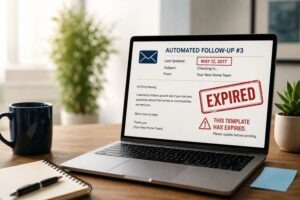 A laptop on a desk shows an email template titled “AUTOMATED FOLLOW-UP #3,” dated May 12, 2017, with a red “EXPIRED” stamp and warning that the template has expired.