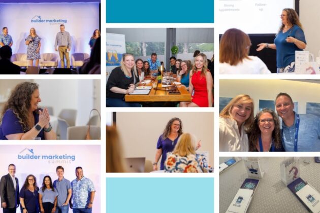 Photo collage from the Builder Marketing Summit in Dallas: speakers on the main stage, the Online Sales Counselor track in session, attendees at happy hour, and Blue Gypsy gift bags with copies of Attract, Engage, Convert.