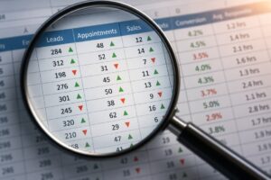 A magnifying glass held over a spreadsheet with Leads, Appointments and Sales columns, highlighting rising and falling numbers